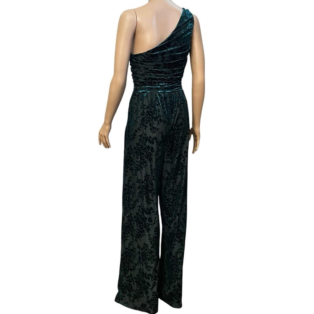 Lulus Elegant Forever Velvet Burnout Jumpsuit Small Wide Leg One Shoulder Teal - Picture 5 of 11